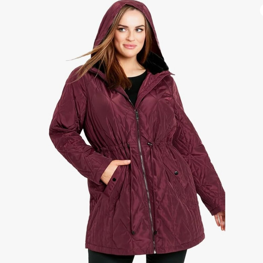EVANS Faux Fur Collar Padded Quilted Jacket Size 30/32 burgundy 3X NEW $179 msrp